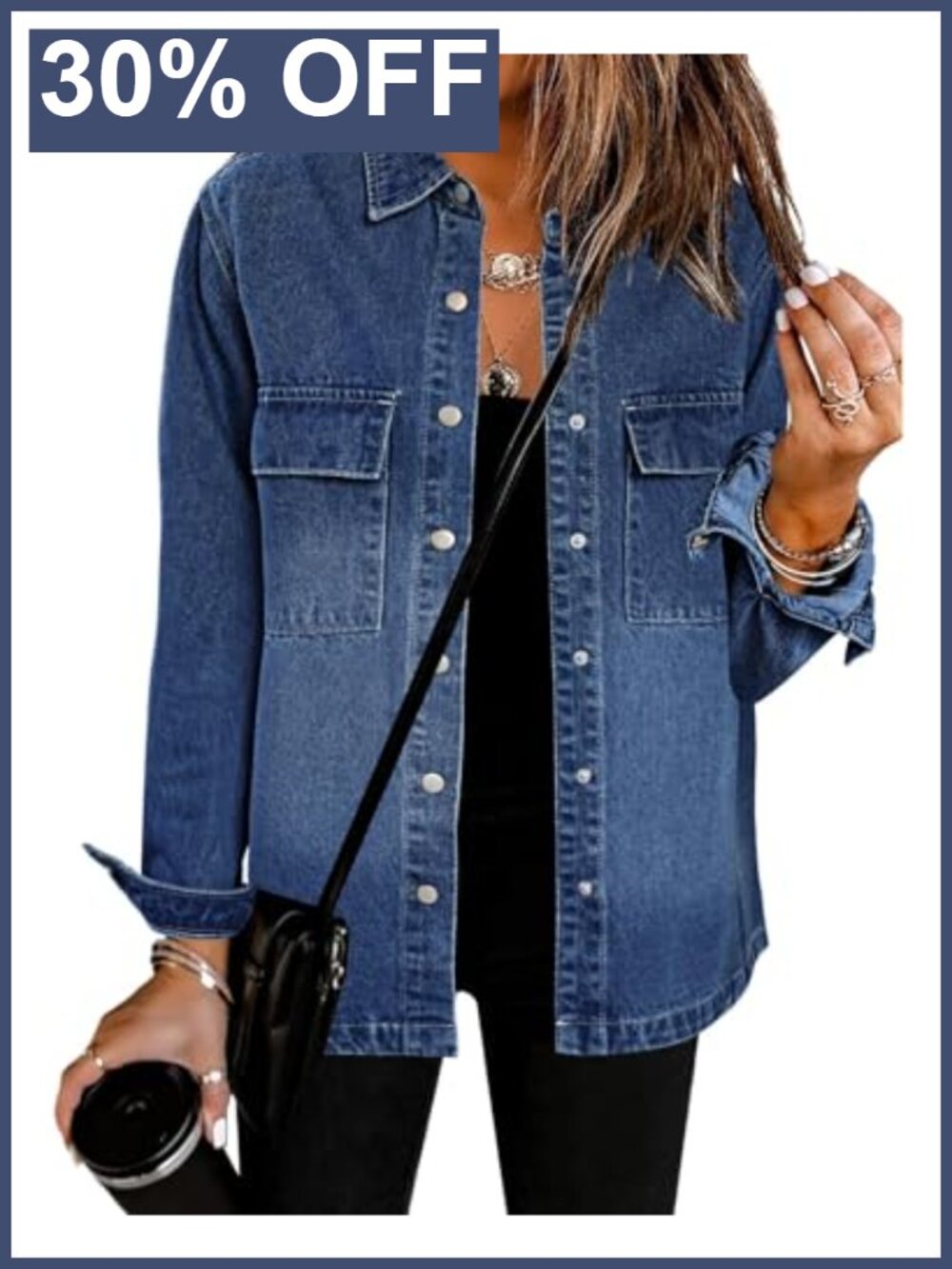 100% Cotton Oversized Button Down Denim Jacket Western Shacket with Pockets